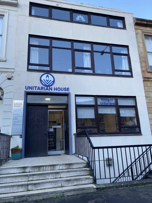 Unitarian House in Glasgow. A short flight of steps leading to a doorway.